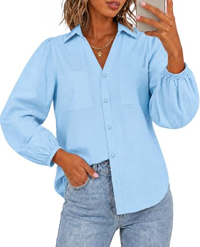 Flowyair Womens Button Down Shirts Puff Sleeve Collared Loose Fall Tops at Amazon