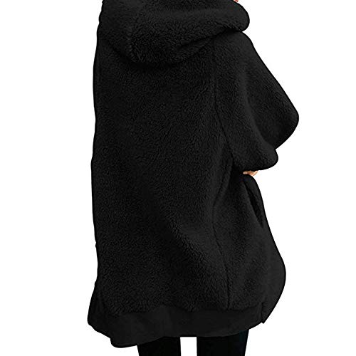 Sanyyanlsy Solid Oversized Zip Shaggy Plush Hooded Coat Ladies Winter Fluffy Long Cardigan Outwear with Pocket for Women Black - Thumbnail 2