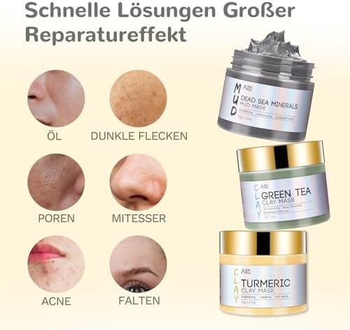 Kurkuma Gesichtsmaske - Grüner Tee Ton Maske - Totes Meer Mineralien Schlamm Masken, Spa Gesichtsmasken Set für Tiefenreinigung, Entgiftung, Akne und Mitesser, 210 g