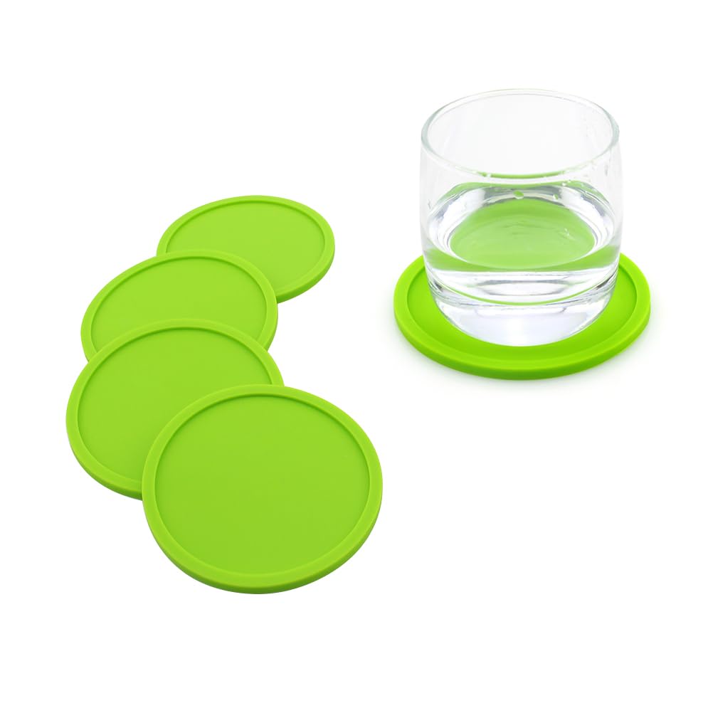 Beavorty 5pcs Silicone Drink Coaster Placemats Mug Glass Bottle Placemats Nonslip Table Cup Mat Thickened Coaster for Wooden Table, Cup, Desk, Bar, Office (Green)
