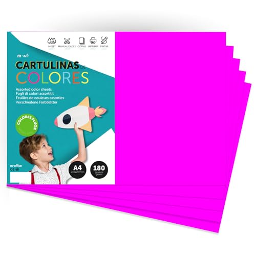A4 Coloured Card - Fluorescent Colours 180g - for Crafts, Printing Your Documents and Creative Designs - Pastel Colours A4 m-office (x250, Neon Pink)