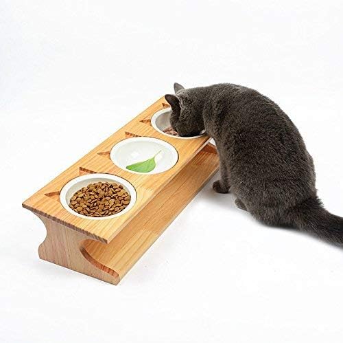 Premium Elevated Pet Bowls, Raised Dog Cat Feeder Solid Bamboo Stand with Ceramic Food Feeding Bowl - Cute Kitty Bowl for Cats and Puppy (triple-bowl)