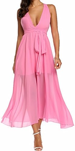 Sakananinki Women's Sleeveless Deep V Maxi Dress Tie Waist Chiffon Long Dress Beach Wear (L, Hot Pink)