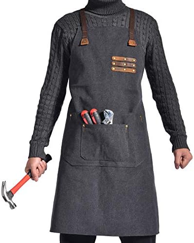 Canvas Work Apron with Pockets for Men & Women| Heavy Duty Tool Apron Adjustable Cross-Back Straps Shop Apron M to XXL (Black)