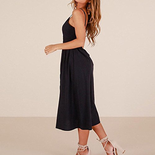 Elogoog Hot Sale Women's Summer Spaghetti Strap Solid Color Button Down Flowy Swing Sleeveless Party Midi Dress Sundress (Black, L)