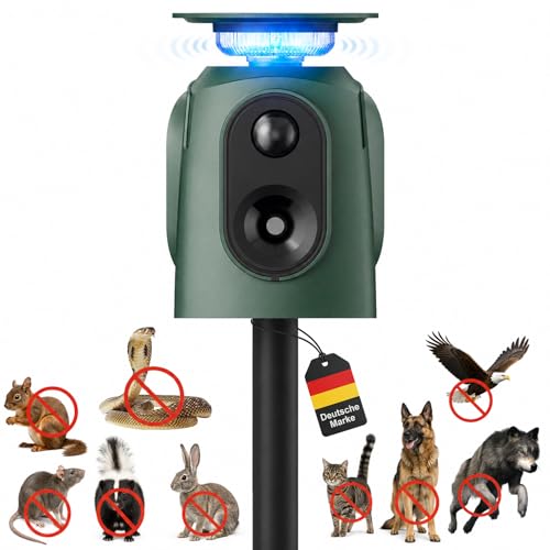Cat Repeller Ultrasonic Solar Animal Repellent, 360° Marten Deterrent with LED Light, Cat Repellent, Marten Repellent, Garden, IP65 Waterproof, 5 Modes, Raccoon Repellent for Cats, Dogs, Martens, Mice