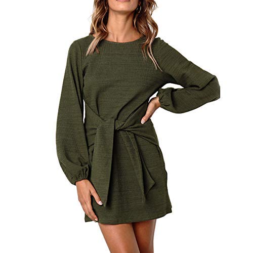 EbuyGo Women\'s Long Sleeve Casual Round Neck Wear to Work Casual Pencil Dress Belt