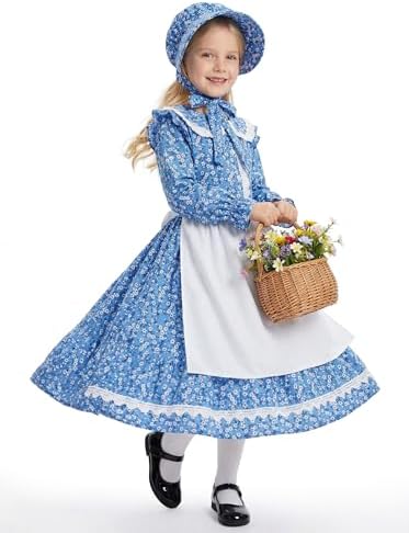 blue pioneer dress Pioneer Colonial Amercian Blue Dress arpon ruffles Costume & Bonnet girls M 8-10