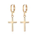 24k Yellow Gold Plated Mens Cross Hoop Earrings with Snap Closure