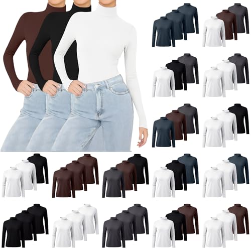 Womens 3 Pack Long Sleeve Tops Turtleneck Jumpers Long Sleeves Mock Neck Thermal Base Layer Top Slim Fit Warm Wicking Underwear Lightweight Breathable & Easy Care Shirts Ladies Winter Soft Pullover