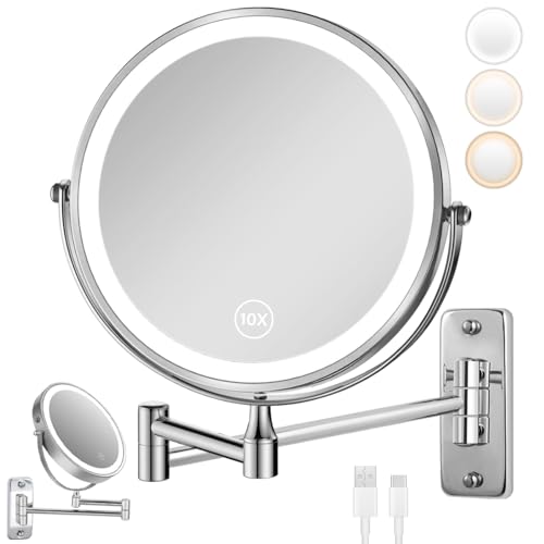 GALASALA Espejo con Luz Montado en Pared, Espejo de Maquillaje 8 Pulgadas con Aumento 10X/1X, Espejo de Tocador para Baño con Brazo Extensible, Rotación 360°, 3 Modos de Color