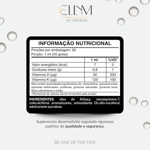Vitamina D3 K2 em Gotas Sublingual 30mL ELLYM NUTRITION 2000 UI D3 + 120 mcg K2 Mk7 Sabor Morango Fortaleciomento Ósseo e Muscular