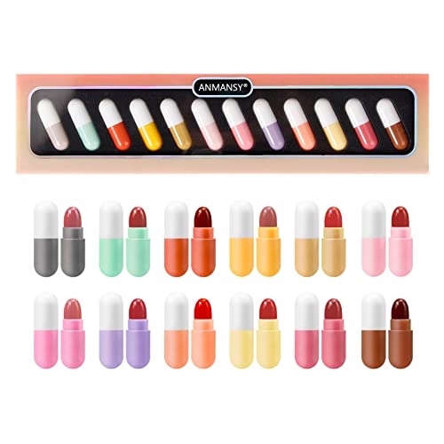 ANMANSY Mini Lipstick Set, 12 Colors Capsules Matte Lipstick, Pill Lipstick for Women, Waterproof Long Lasting Velvet Lipstick Set