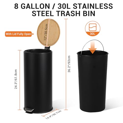 30L Stainless Steel Trash Can with Bamboo Lid, Pedal - Operated Garbage Bin with Removable Inner Bucket for Kitchen, Bathroom, Small Spaces