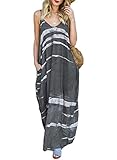 Anloli Women V Neck Colorful Striped Spaghetti Strap Loose Long Maxi Dress with Pocket
