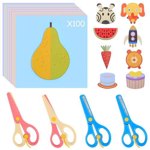 UCEC Toddler Scissors - 104 Piece Safety Set for Kids Ages 2-4, 4 Plastic Safety Scissors for Toddlers & Preschool Training, 100 Paper Cutting, Back to School Supplies
