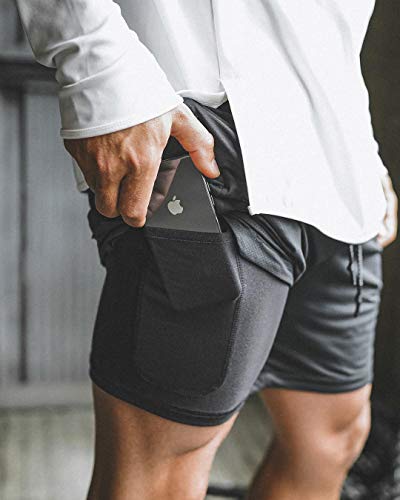 FLYFIREFLY Men's 2-in-1 Workout Running Shorts 7" Lightweight Gym Yoga Training Sport Short Pants Black