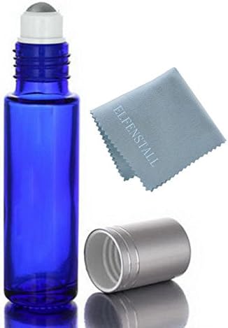 Simple-e- 6pcs 10ml (1/3oz) Cobalt Blue Roll on Glass Stainless Steel Roller Ball Essential Oils Bottle Perfume Heavy Thick Glass Bottles Glass Clean Cloth Alloy Silver Cap