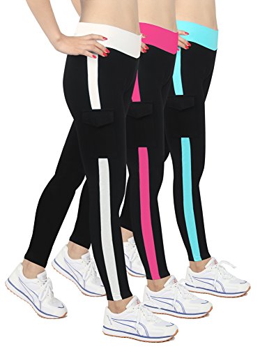 iLoveSIA Women's Yoga Ankle Leggings 3PCS White + Rose Red + Lake Blue size S