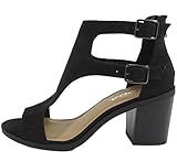SODA Women's Open Toe Double Buckle Cutout Stacked Heel Sandal