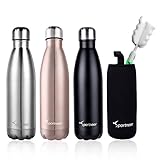 Sportneer Water Bottle 17oz Double Wall Vacuum Insulated Stainless Steel Water Bottle, Bonus A Cleaning Brush & A Bottle Cover
