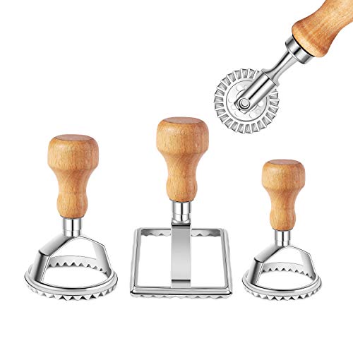 Ravioli Stamp Maker Cutter with Roller Wheel Set, Mold with Wooden Handle and Fluted Edge, Pasta