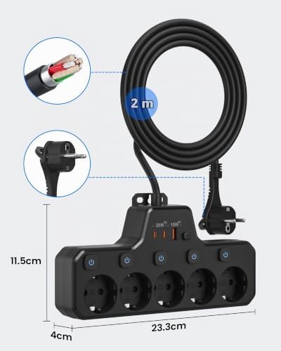 Regleta Enchufe Plano, Regleta 5 Tomas con USB C Carga Rápida PD20W, Negro