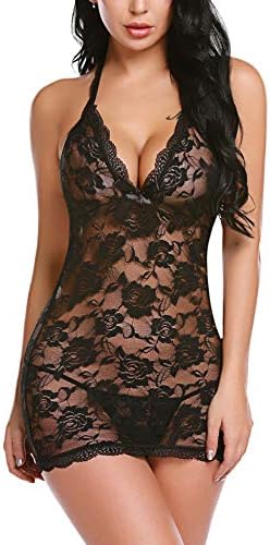 Women Lingerie Halter Chemise Lace Babydoll Mesh Nightwear V Neck Teddy Sleepwear