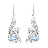 Fengzhicai Women Creative Luminous Hollow Mermaid Pendant Ear Hook Earrings - Sky Blue