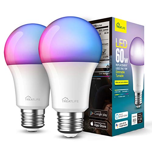 Smart Light Bulbs 2 Pack, Treatlife 2.4GHz Music Sync Color Changing Light Bulb, Works with Alexa, Google Home, A19 E26…