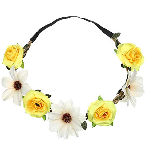 Women Girl Sunflower Rose Flower Crown Wedding Festival Headband Hairband Hair Garland(Yellow)