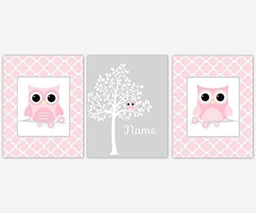 Baby Girl Nursery Wall Art Owls Pink Personalized Decor 3 UNFRAMED PRINTS