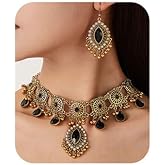 Lenjicons Vintage Indian Rhinestone Dangle Necklace Earrings Set Indian Ethnic Rhinestone Necklaces Boho Rhinestones Dangle Earrings Wedding Party Prom Choker Earrings Set for Women(3pcs