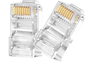 Kinoth RJ45 CAT6 Pass Through Connectors 100 Pack - Easy and Fast Termination - Gold Plated 3 Prong 8P8C Modular Ethernet UTP Network Cable Plug End for Cat6 Cat5e