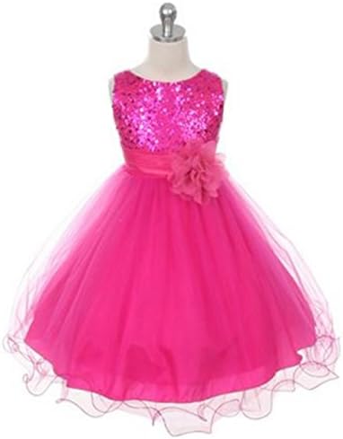 Efavormart Glittery Sequined Bodice and Double Layered Mesh Girls Dress - Fushia (Hot Pink) - Child10-11yrs