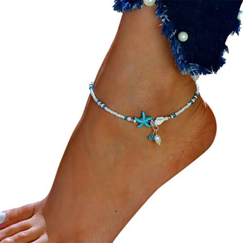Nestec Blue Starfish Turtle Anklet Multi-layer Boho Gold Chain Anklet Vintage Wax Rope Turtle Anklets Infinite Love Beach Foot Chain (Conch)