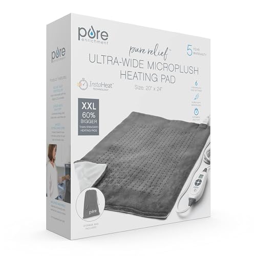 Pure Enrichment PureRelief Ultra-Wide Microplush Heating Pad - 20” x 24” XXL Size & 6 Heat Settings for Temporary Neck, Shoulder & Back Pain Relief - Moist Heat Option & Machine Washable (Gray)