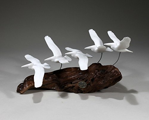 5 Pelicans Sculpture Gliding by John Perry 9in long on Burl Statue Pellucida