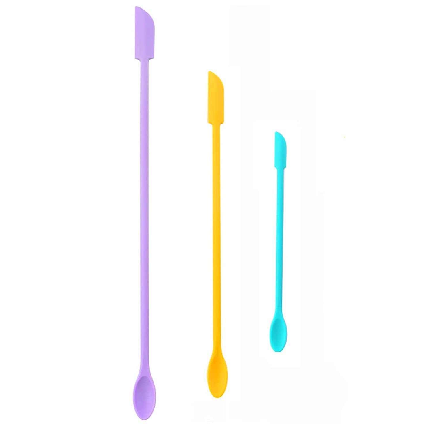 JIEOU Silicone Spatula, 3-Piece Small Makeup Spatula Set, Reusable Double-Ended Tiny Silicone Spoon Spatula for Jar, Kitchen and Beauty (Purple Yellow Blue)