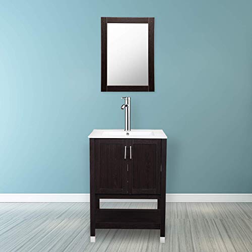 24" Modern MDF Bathroom Vanity And Sink Combo Stand Cabinet with Vanity Mirror,Vessel Sink with Faucet Hole and Pop Up Drain,Espresso Wood Vanity Units