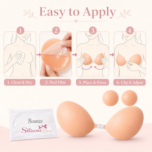 Bvanzo Stick On Bra for Women, Invisible Sticky Backless Strapless Push Up Bra with Sticky Bra Push Up, Skin Friendly and Breathable, Reusable Silicone Adhesive Bra