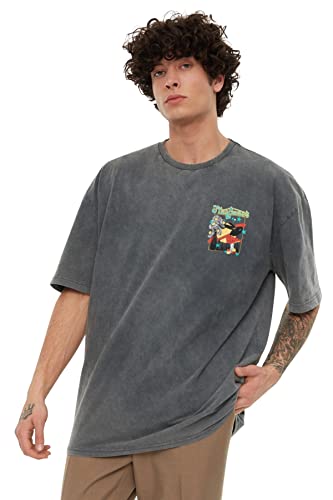 Trendyol Camiseta de Punto con Cuello Redondo estándar para Hombre, Color Antracita, L