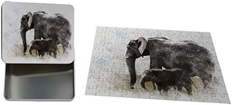 Watercolor Elephants Metal Tin Trinket Box (4"x6") &amp; Jigsaw Puzzle (110 Pieces) Set
