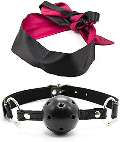Open Breathable Leather Paly Ball Mouth Ball with Satin Blindfold Eye Mask Black