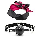 Open Breathable Leather Paly Ball Mouth Ball with Satin Blindfold Eye Mask Black