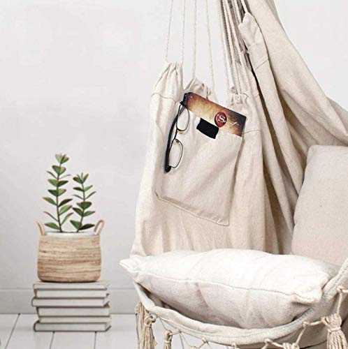 Hängesessel Beige, Hängestuhl, 2 Sitzkissen & Buchtasche inkl. Befestigungsset für Indoor & Outdoor 150kg (Beige), Hänge… – Bild 3