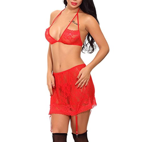 Makaor 3PC Lingerie Women Flower Lace Bra Tights Skirt Bodysuit Underwear Set Sleepwear (Red, Size:2XL)