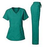 Junior style-Tab Waist Wrap Top & Unisex Multi-Pocket Pants Teal Green S