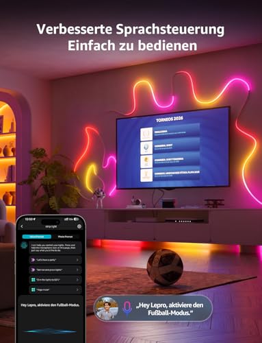 Lepro AI Neon LED Strip 6 m, LED Strip with App, Music & Voice Control | Compatible with Alexa & Google Assistant, for living room, gaming, party, wall decoration, personalised AI light designer
