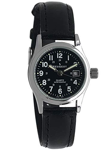 Peugeot-Womens-Sport-Calendar-Watch-for-Nurses-Easy-Reader-with-Luminous-Hands-Water-Resistant-with-Black-Dial-and-Leather-Strap